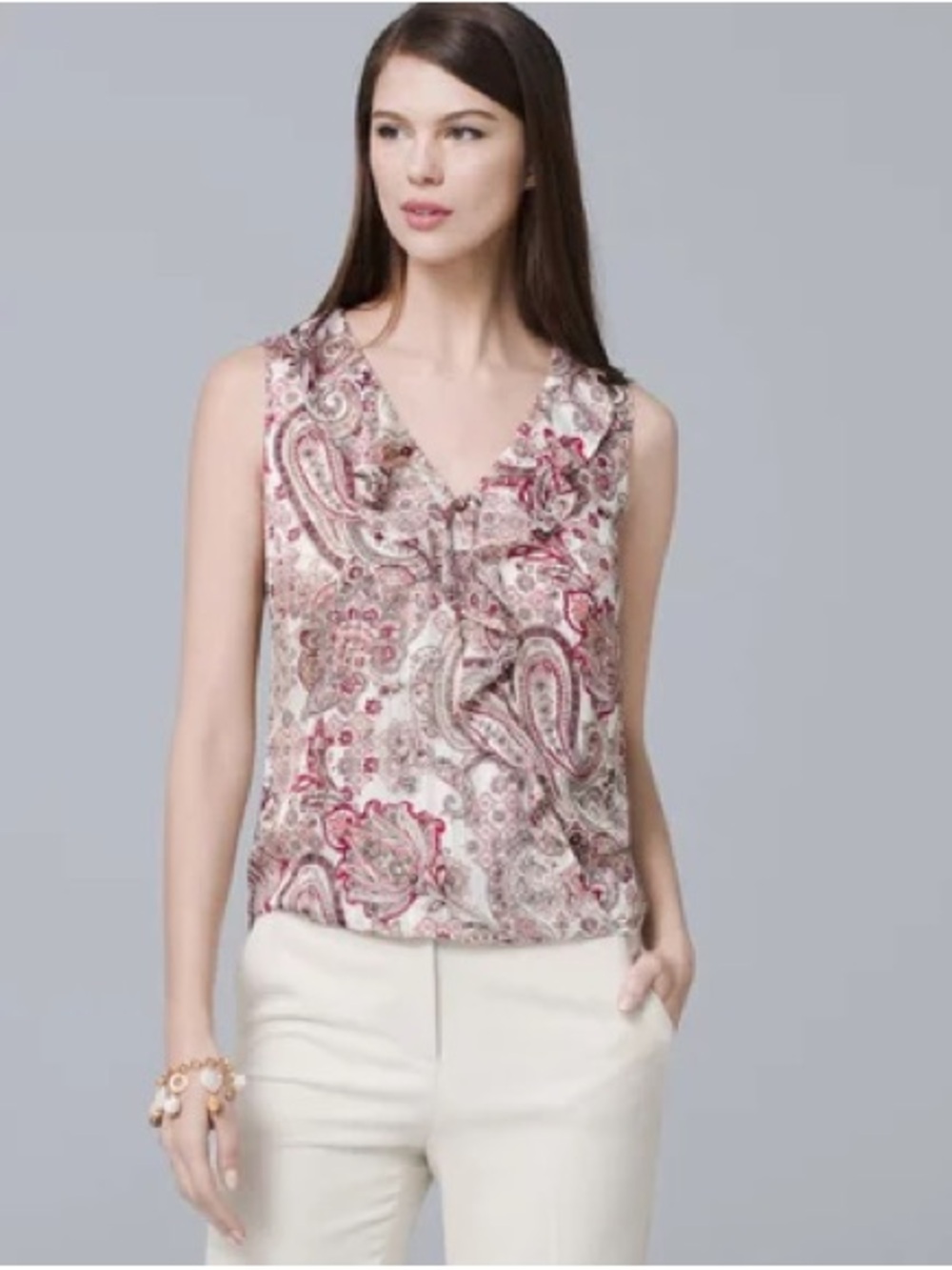 White House Black Market Paisley Print Ruffle Shell Tank Top Blouse Sz 0